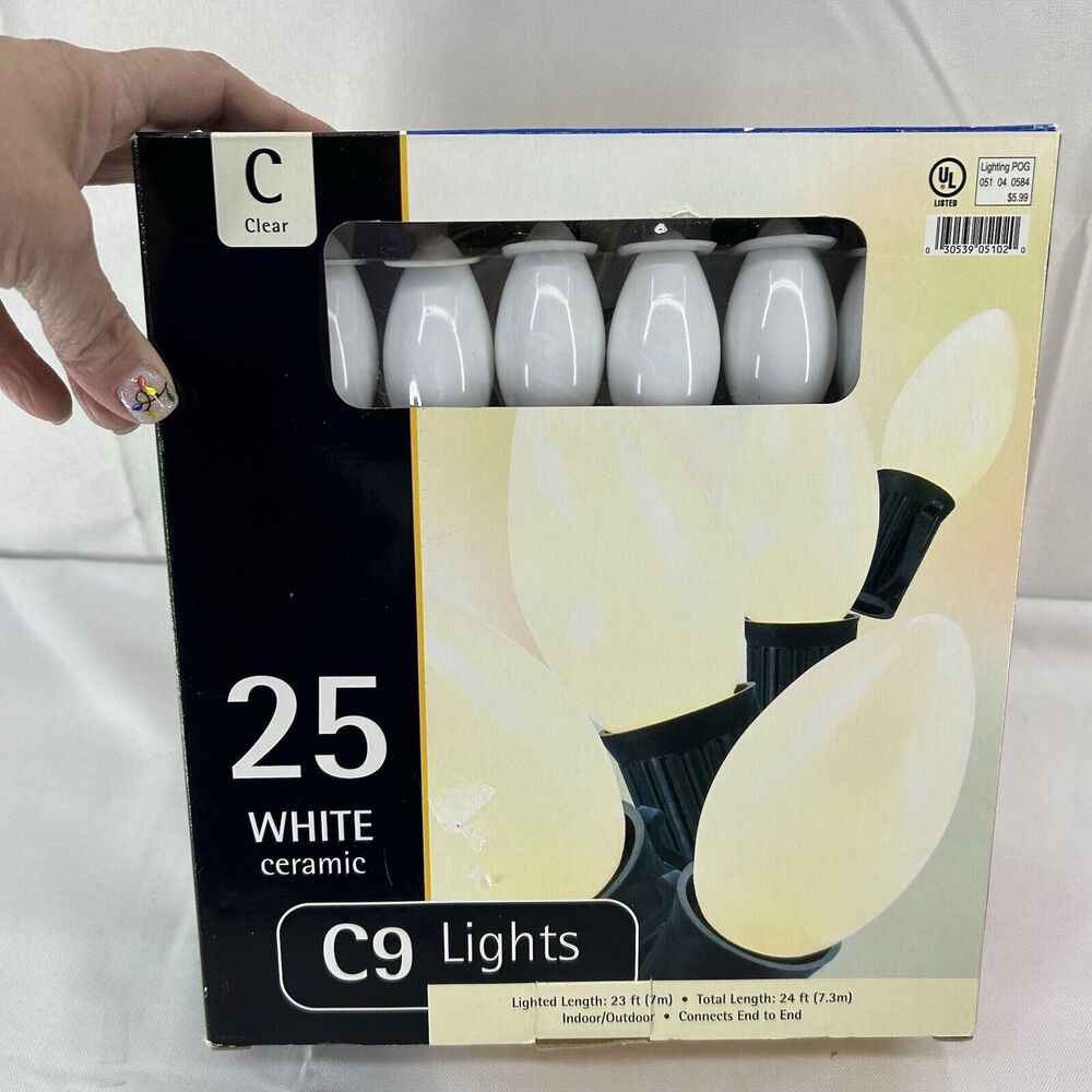 Vintage 25 White Ceramic C9 Christmas Lights Green Wire New